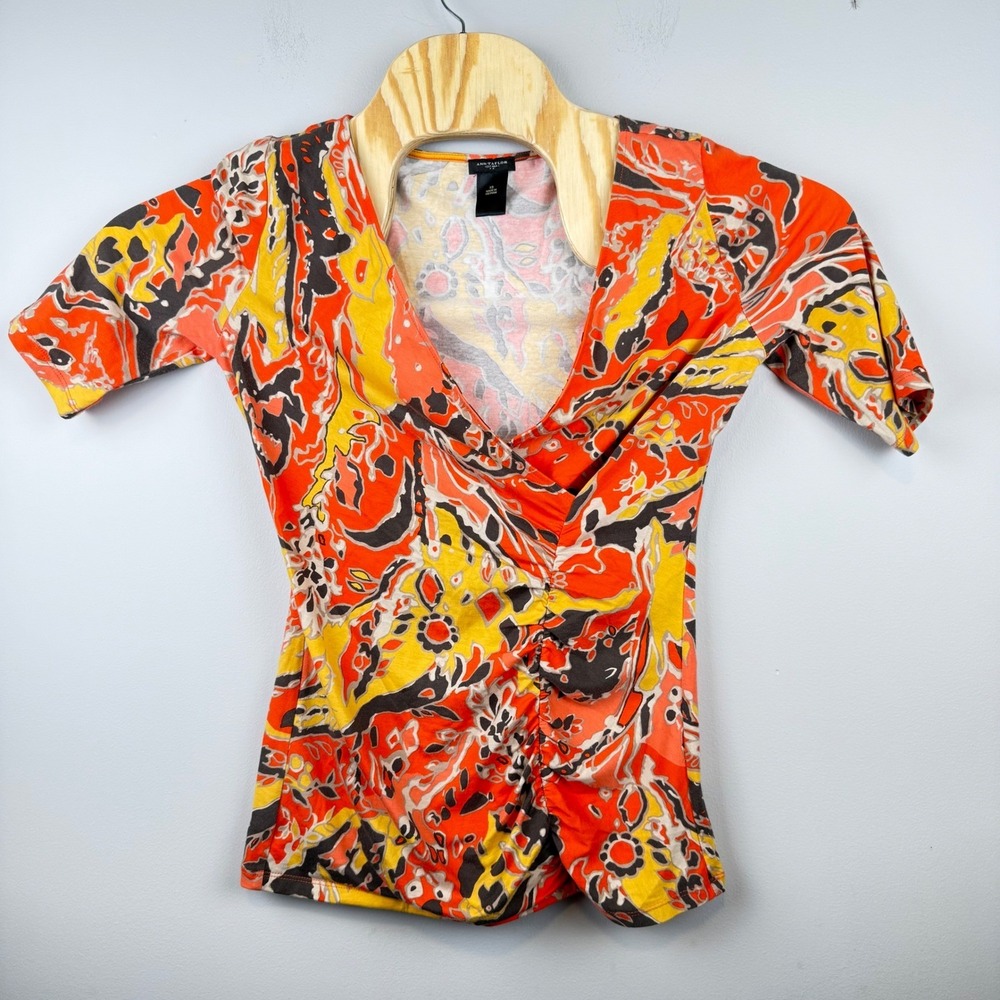 Ann Taylor Womens Abstract‎ Paisley V-Neck Ruched XS Psychedelic Retro Boho Art